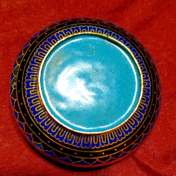 Cloisonné Vintage Enamel Brass Round Ring Pill Trinket Box Lotus Flower  Blue - Picture 3 of 9